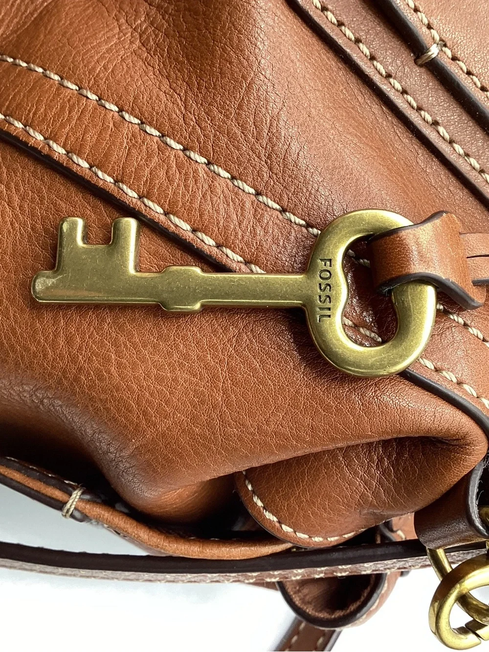 Fossil Emma Satchel Leather Shoulder Bag in Cognac Brown